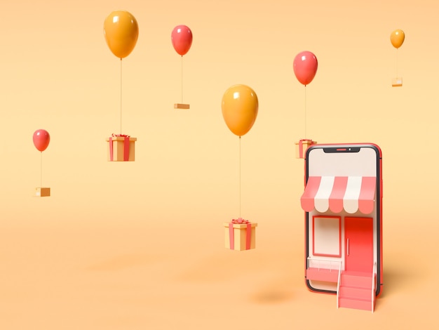 Ilustración 3D. Smartphone y cajas de regalo atadas a globos mientras flotan en el cielo. Compras en línea y concepto de servicio de entrega.