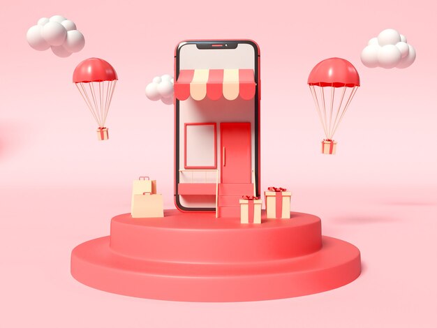Ilustración 3D de Smartphone con una tienda en la pantalla y con cajas de regalo en un lateral