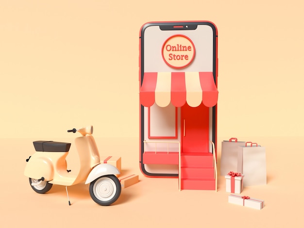 Ilustración 3D de un teléfono inteligente con un scooter de entrega, cajas y bolsas de papel