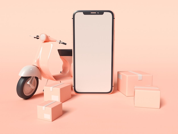 Ilustración 3D de un teléfono inteligente con un scooter de entrega y cajas