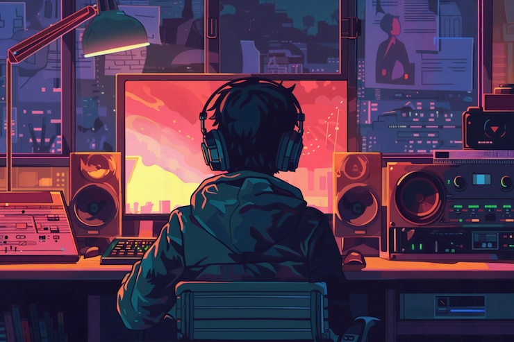 Foto gratuito ilustración de arte digital retro de una persona usando tecnología de radio