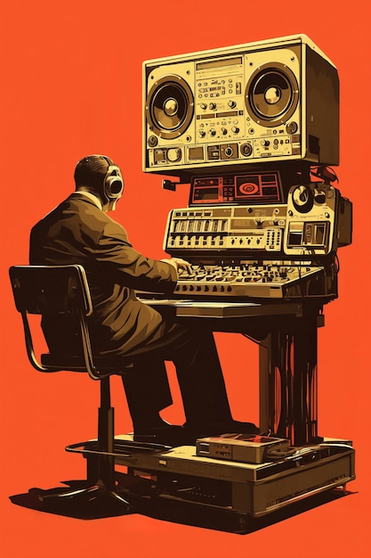 Ilustración de arte digital retro de una persona usando tecnología de radio