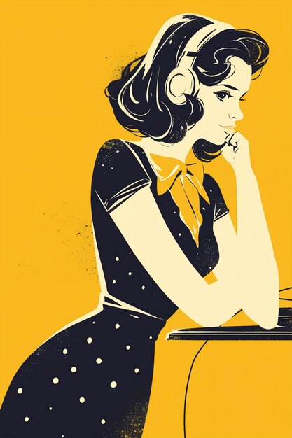 Ilustración de arte digital retro de una persona usando tecnología de radio