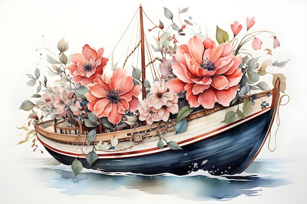 Foto gratuita ilustración de un barco floral en acuarela