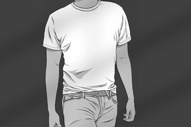 Foto gratuita ilustración en blanco y negro de una persona con una camiseta blanca sobre un fondo oscuro