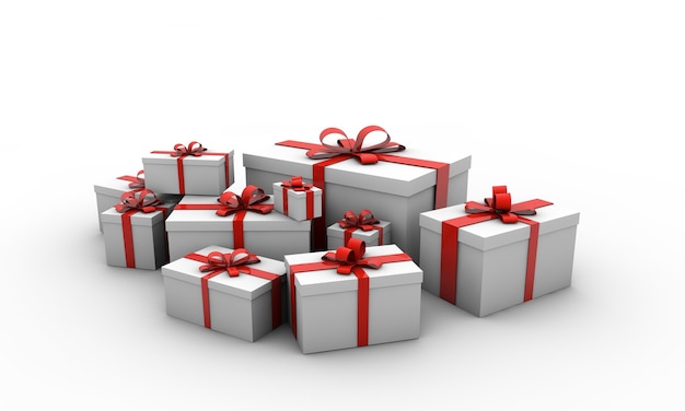 Ilustración de cajas de regalo con lazos rojos aislado sobre un fondo blanco.
