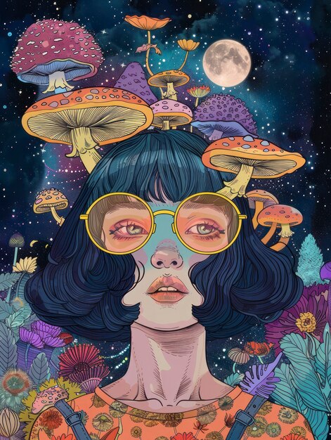 Ilustración de una chica psicodélica