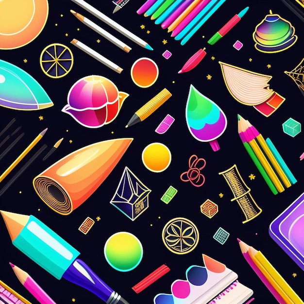 Una ilustración colorida de objetos de diferentes colores, incluido un lápiz.