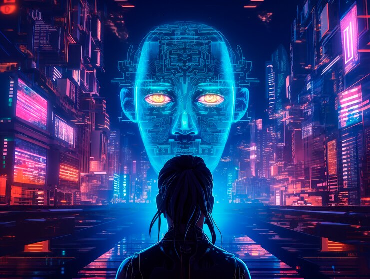 Foto gratuito ilustración cyberpunk con colores de neón y tecnología futurista