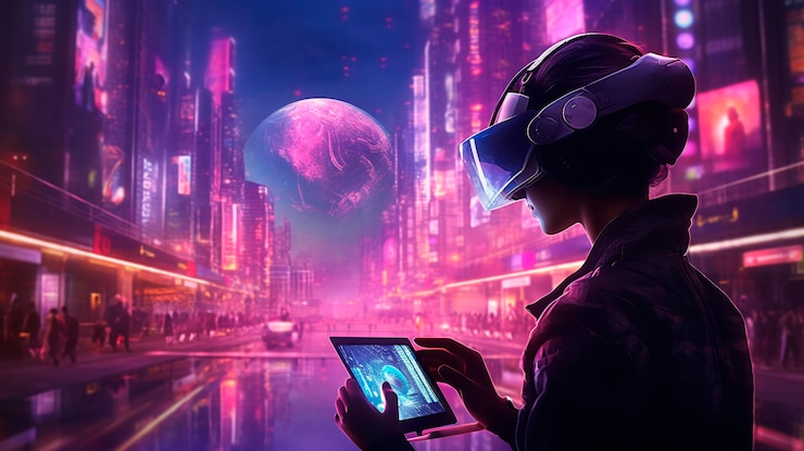Foto gratuito ilustración cyberpunk con colores de neón y tecnología futurista