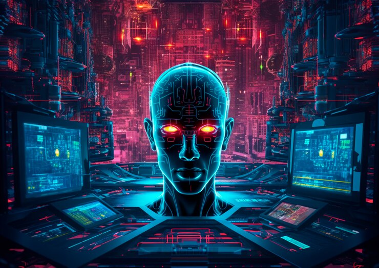 Foto gratuito ilustración cyberpunk con colores de neón y tecnología futurista