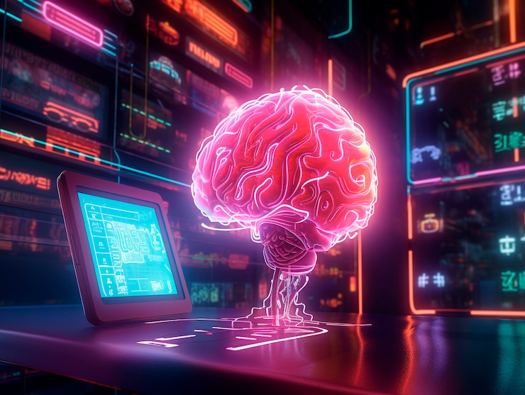 Foto gratuito ilustración cyberpunk con colores de neón y tecnología futurista