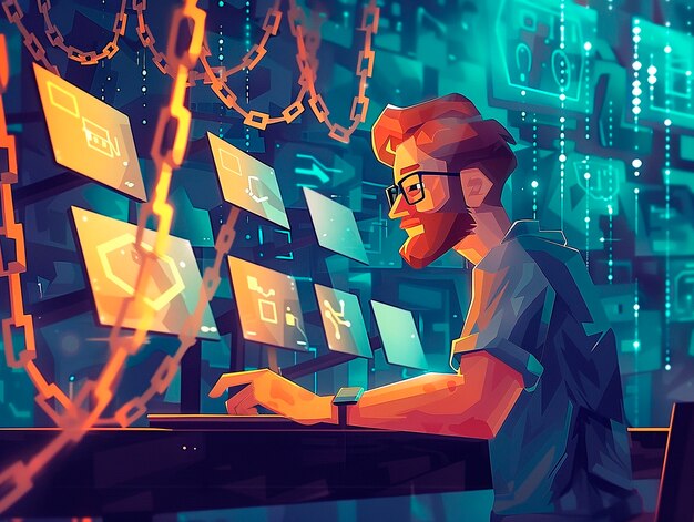 Ilustración de dibujos animados de la tecnología Blockchain