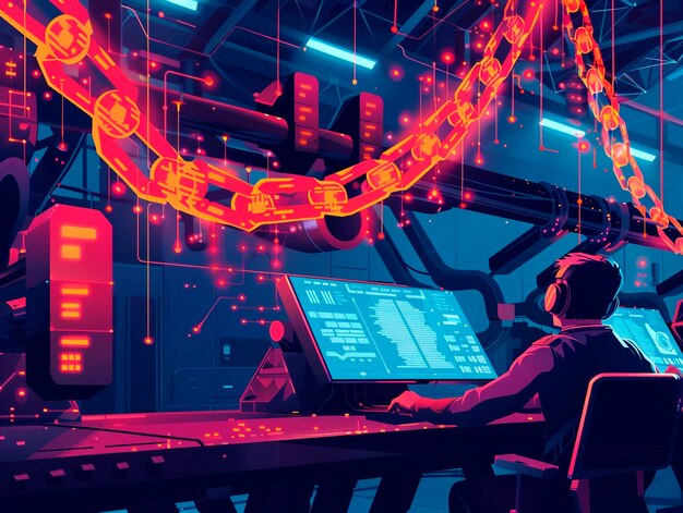 Ilustración de dibujos animados de la tecnología Blockchain