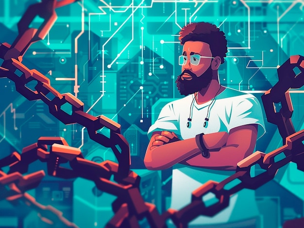 Ilustración de dibujos animados de la tecnología Blockchain