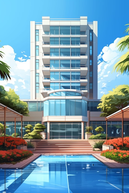 Ilustración de un edificio plano de anime