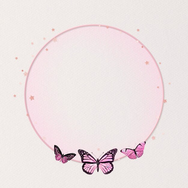 Ilustración holográfica de círculo de marco de mariposa rosa brillante