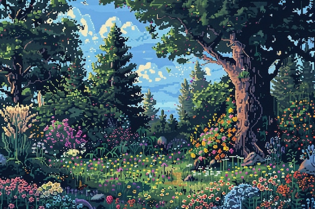 Ilustración de jardín floral en estilo pixel art