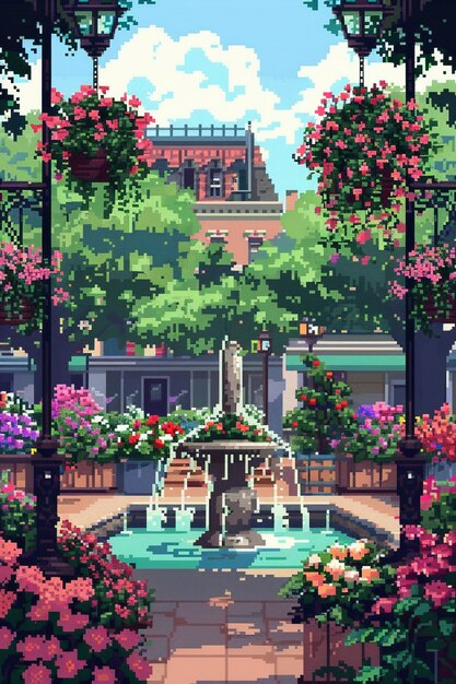 Ilustración de jardín floral en estilo pixel art