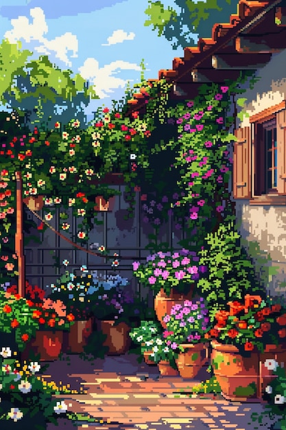 Ilustración de jardín floral en estilo pixel art