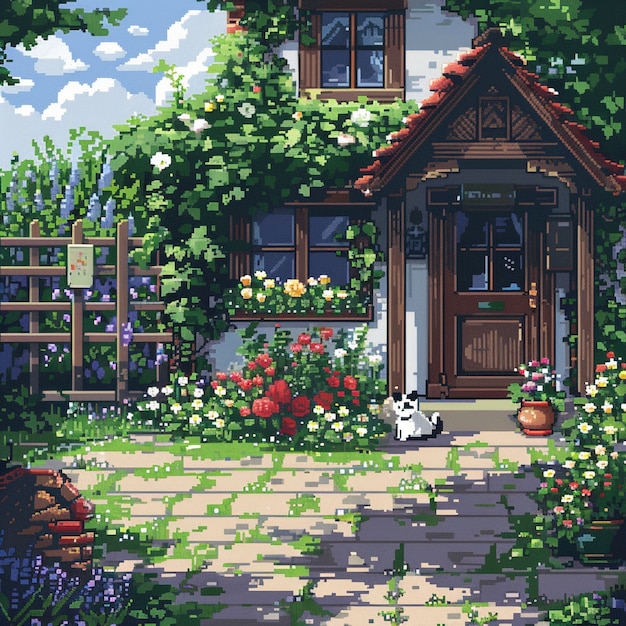 Ilustración de jardín floral en estilo pixel art