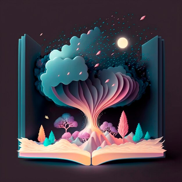 Ilustración de libro de cuento de hadas mágico con un gran árbol en la noche