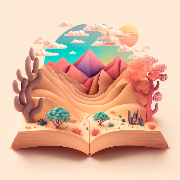 Foto gratuita ilustración de libro de cuento de hadas mágico con lindo paisaje desértico