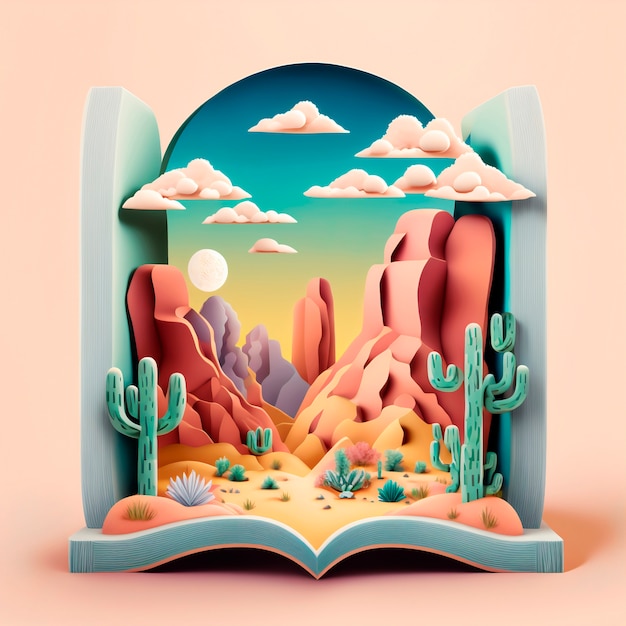 Ilustración de libro de cuento de hadas mágico con lindo paisaje desértico