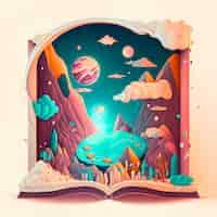 Foto gratuita ilustración de libro de cuento de hadas mágico con paisaje de galaxia en la noche