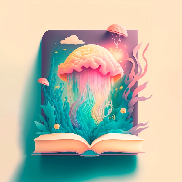 Ilustración de libro de cuento de hadas mágico con paisaje marino con grandes medusas y algas