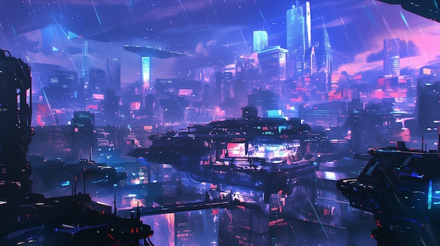 Ilustración de la lluvia en la ciudad futurista