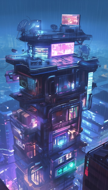 Ilustración de la lluvia en la ciudad futurista