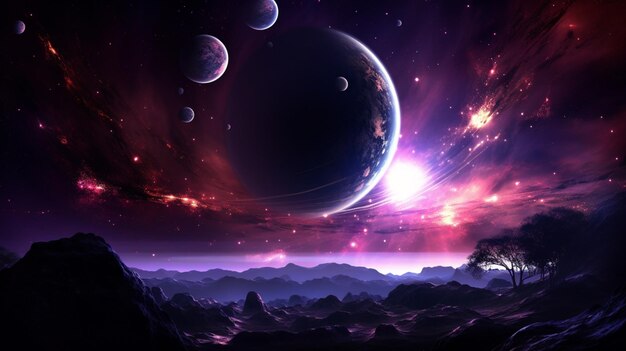 Ilustración de luz púrpura del planeta espacial