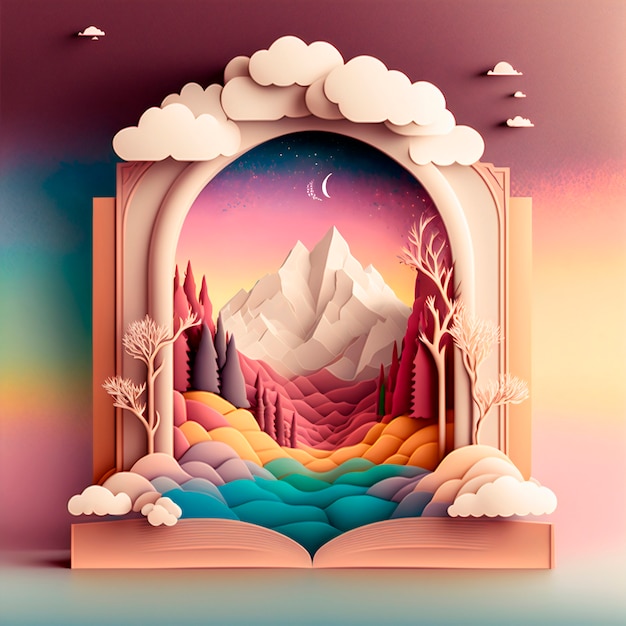 Foto gratuita ilustración mágica del libro de cuentos de hadas de un paisaje con arena multicolor y montañas