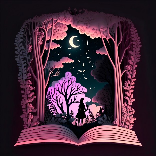 Ilustración mágica del libro de cuentos de hadas con una silueta de niña en el bosque por la noche