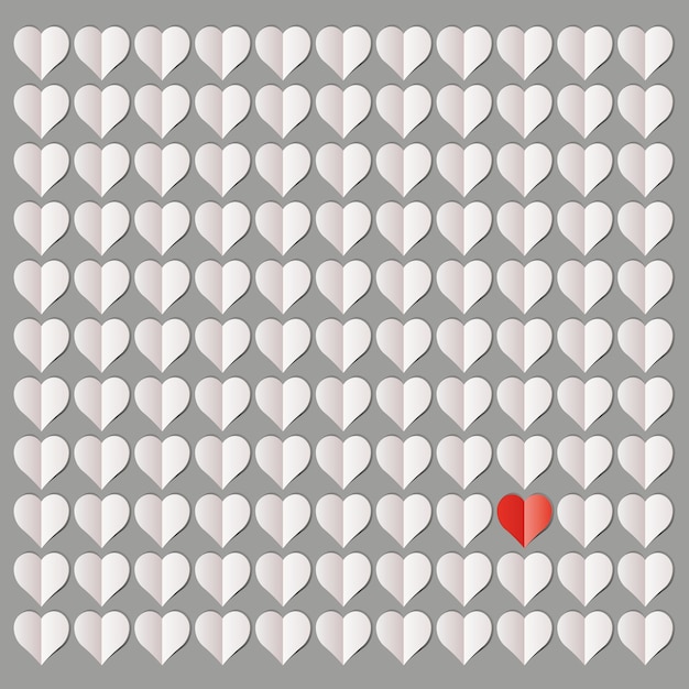 Ilustración de más de cien corazones blancos con un solo corazón rojo