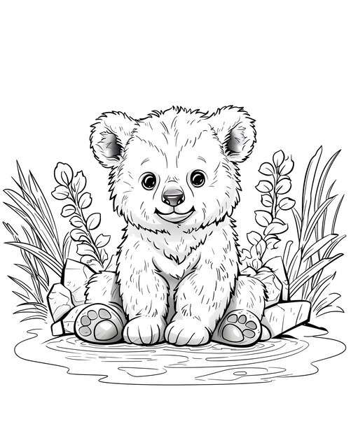 Ilustración de página de colorear de arte de línea monocromático de oso