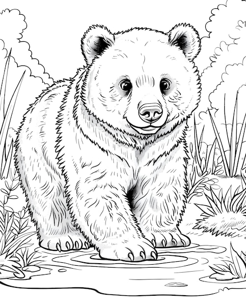 Ilustración de página de colorear de arte de línea monocromático de oso