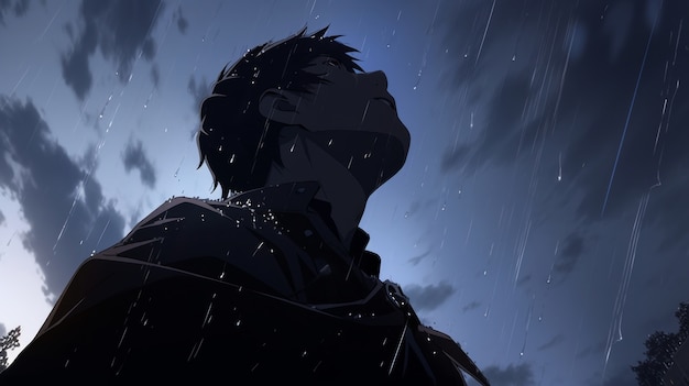 Foto gratuita ilustración de un personaje de anime bajo la lluvia