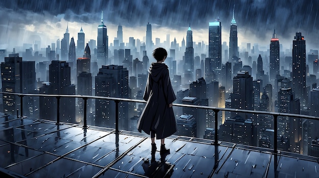 Foto gratuita ilustración de un personaje de anime bajo la lluvia