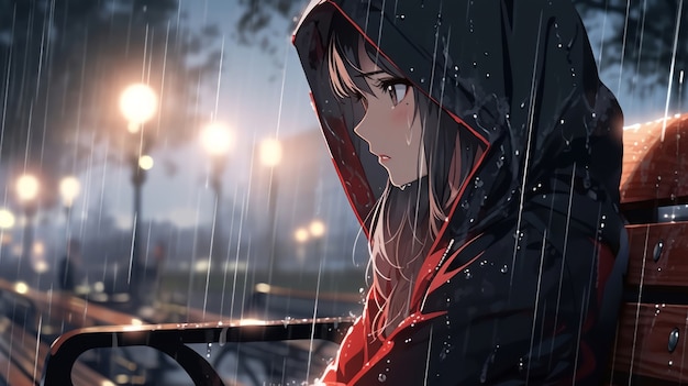 Ilustración de un personaje de anime bajo la lluvia