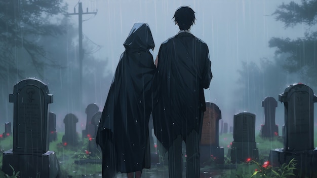 Foto gratuita ilustración de un personaje de anime bajo la lluvia