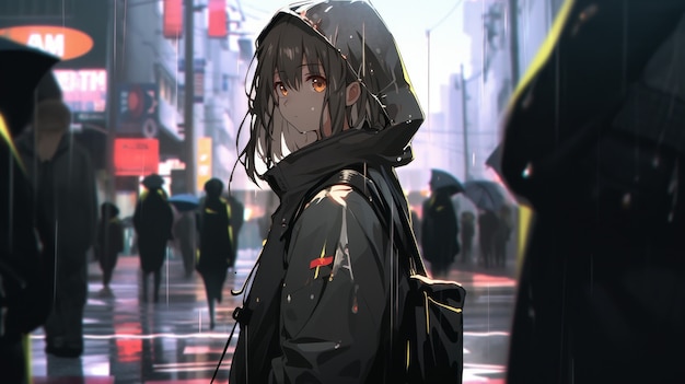Ilustración de un personaje de anime bajo la lluvia