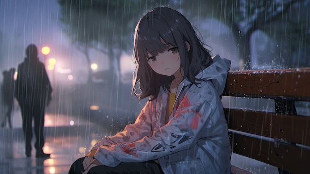 Foto gratuita ilustración de un personaje de anime bajo la lluvia