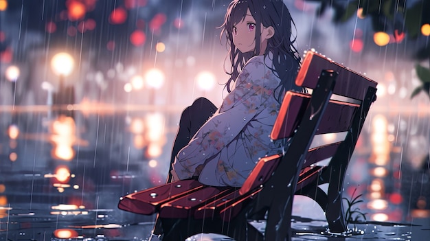 Foto gratuita ilustración de un personaje de anime bajo la lluvia