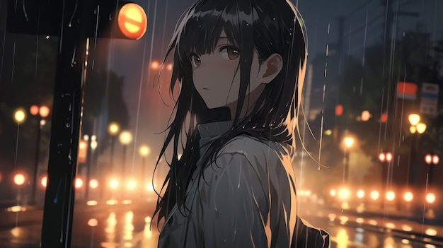 Foto gratuita ilustración de un personaje de anime bajo la lluvia