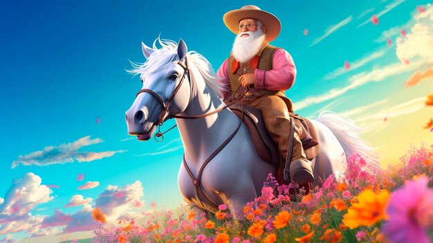 Ilustración de un personaje de dibujos animados montando a caballo