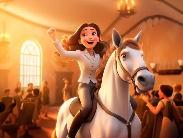 Ilustración de un personaje de dibujos animados montando a caballo