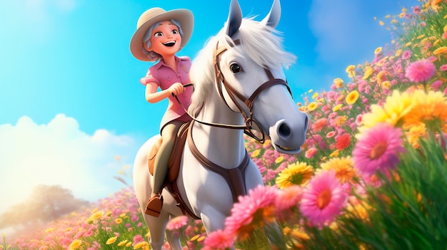 Ilustración de un personaje de dibujos animados montando a caballo
