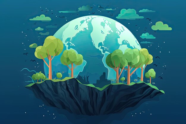 Ilustración del planeta tierra con concepto de ecología de árboles Ai generativo